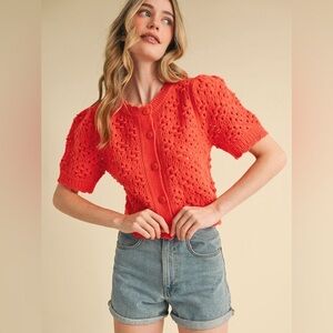 Red pointelle crochet boho bohemian bubble puff short sleeve cardigan โฆ